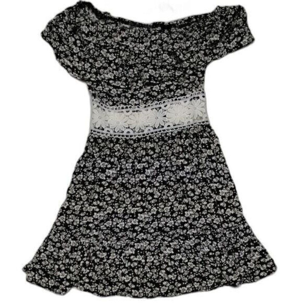 Rue21 Floral Mini Dress Off‎ Shoulder Lace Trim Black XS